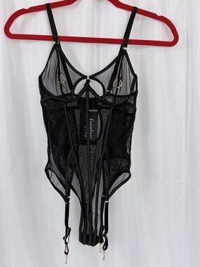 Forplay Black Sheer Strappy Garter Teddy Thong Bodysuit w/Nipple Rings Small NWT